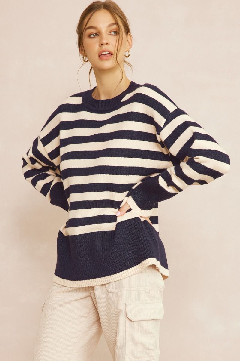 Montauk Oversized Stripe Print Long Sleeve Sweater - Navy