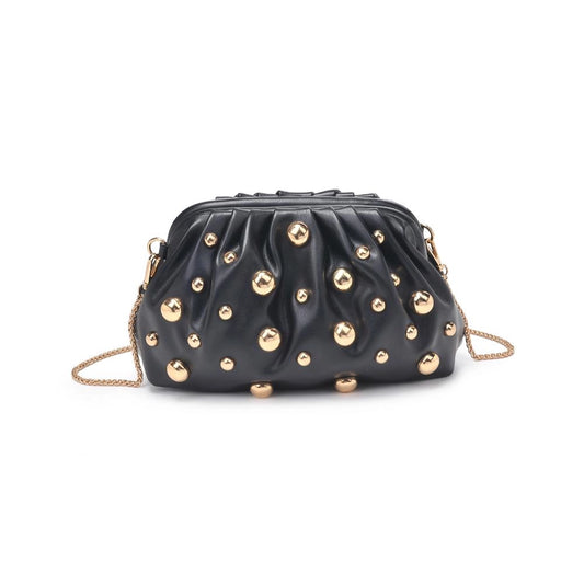 Carey Gold Studded Leather Clutch with Chain - Black