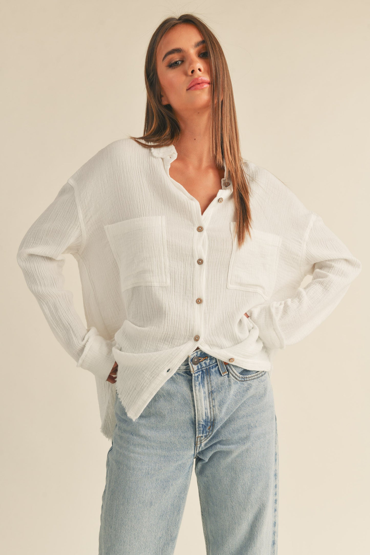 Double Gauze Relaxed Long Sleeve Button Up Shirt - White