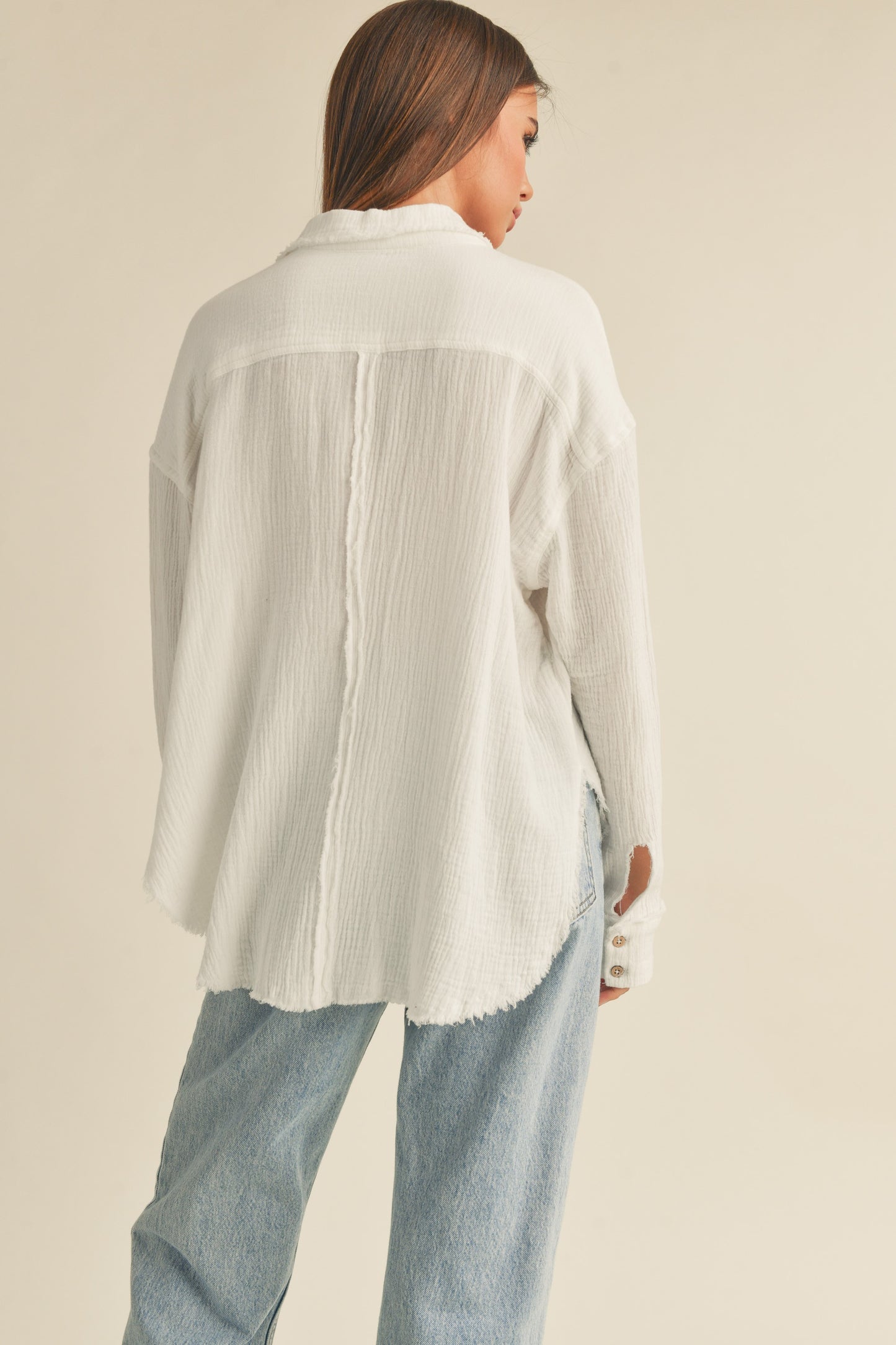 Double Gauze Relaxed Long Sleeve Button Up Shirt - White