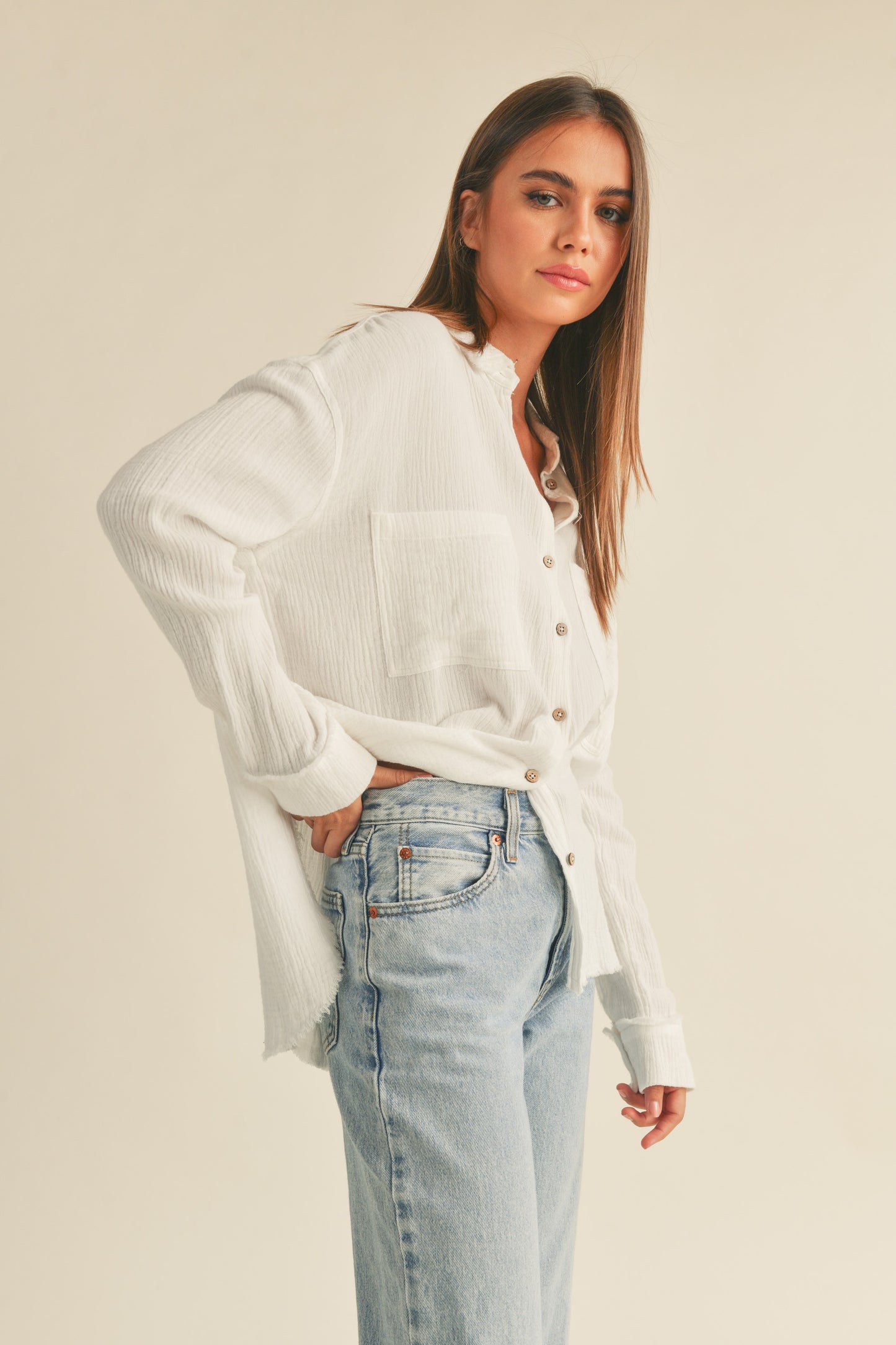 Double Gauze Relaxed Long Sleeve Button Up Shirt - White