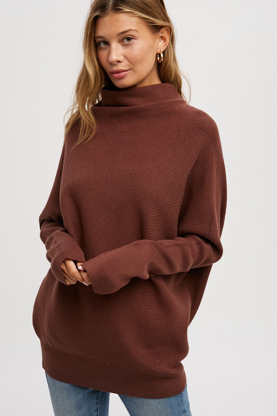 Chloe Long Sleeve Dolman Pullover Sweater - Chocolate Brown