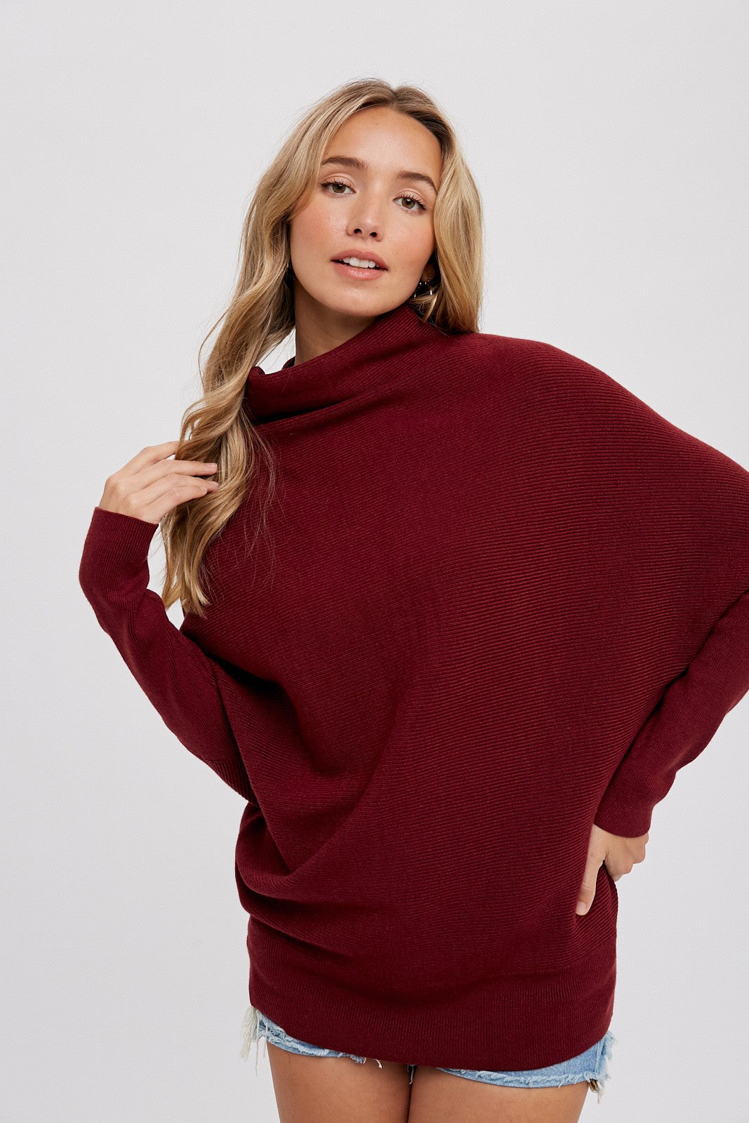 Chloe Long Sleeve Dolman Pullover Sweater - Burgundy