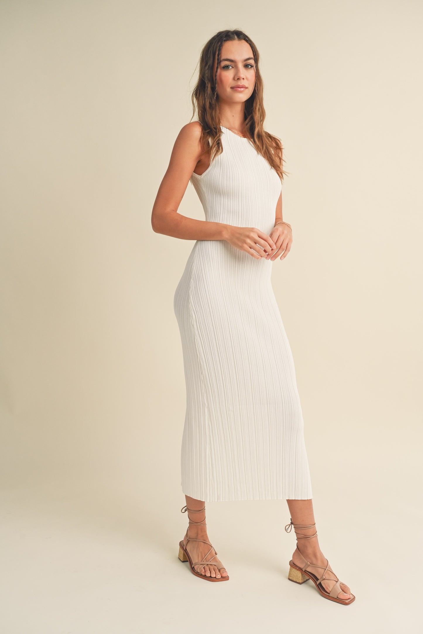 Élise Patterned Rib Knit Sleeveless Midi Dress with Slit - Butter