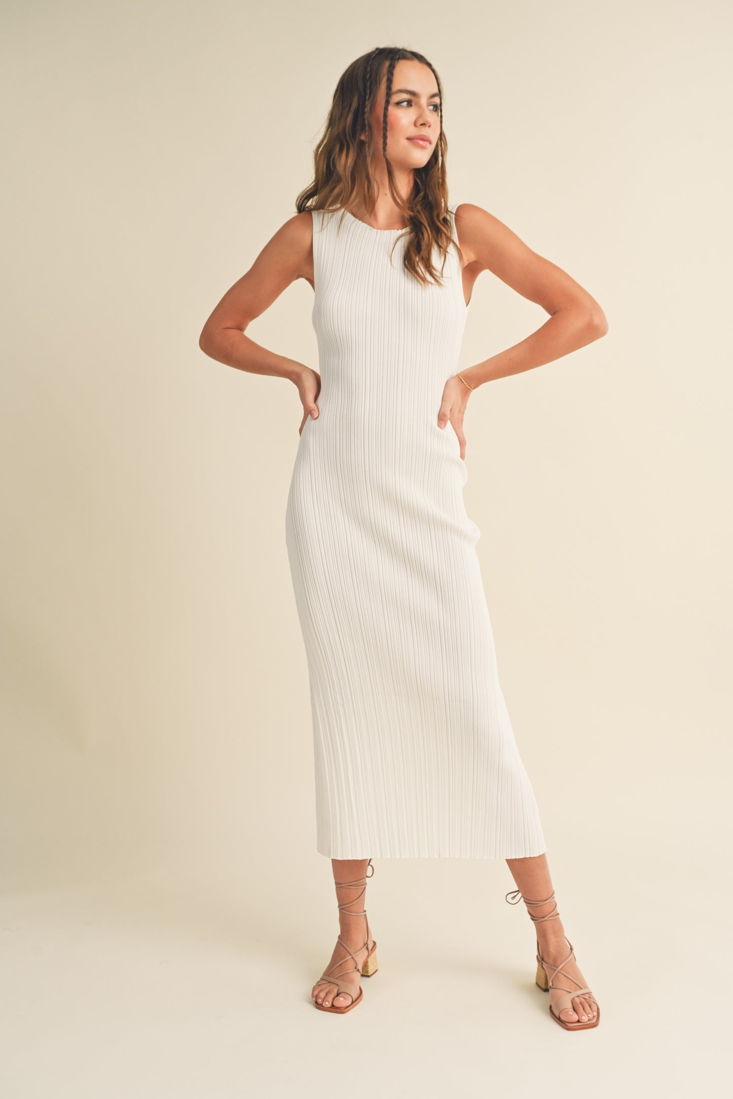 Élise Patterned Rib Knit Sleeveless Midi Dress with Slit - Butter