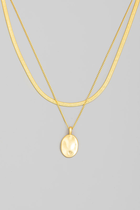 Hammered Oval Pendant Layered Gold Dipped Chain Necklace - Gold