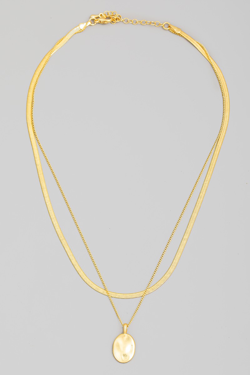 Hammered Oval Pendant Layered Gold Dipped Chain Necklace - Gold