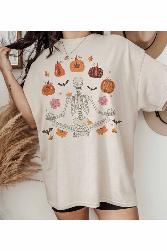 Pumpkin Zen Skeleton Fall Oversized Graphic Tee - Sand