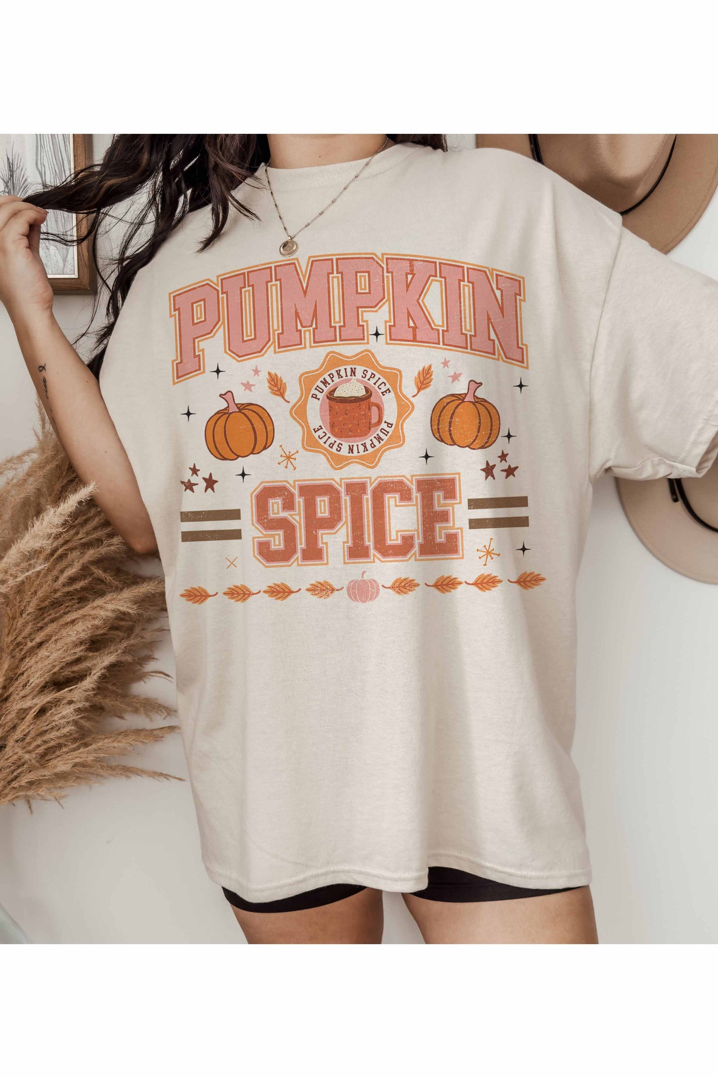 Pumpkin Spice University Fall Oversized Graphic Tee - Sand