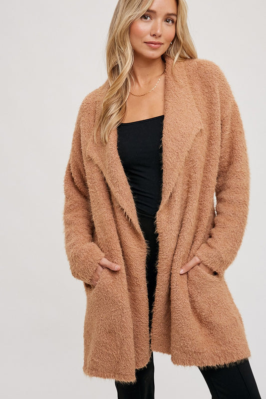 Saxon Long Sleeve Soft Fuzzy Drape Front Cardigan - Camel