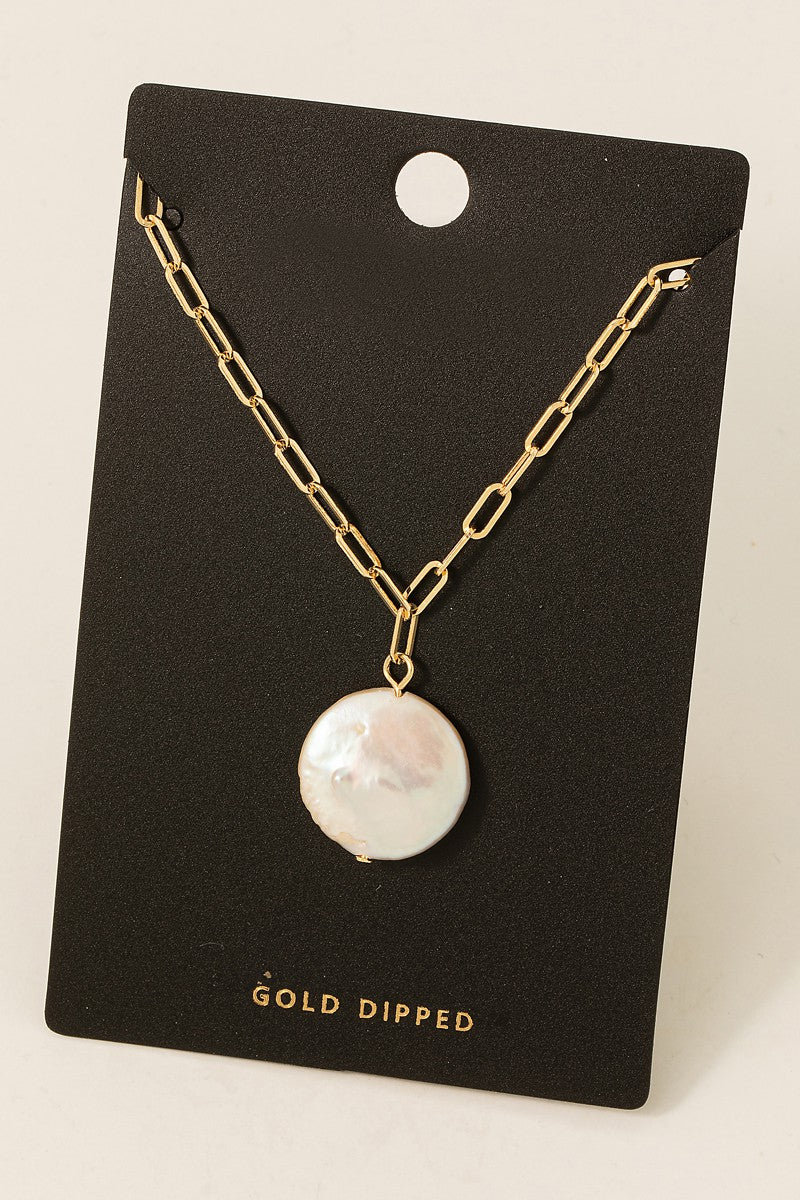 Pearl Disc Pendant Paperclip Chain Gold Dipped Necklace - Gold