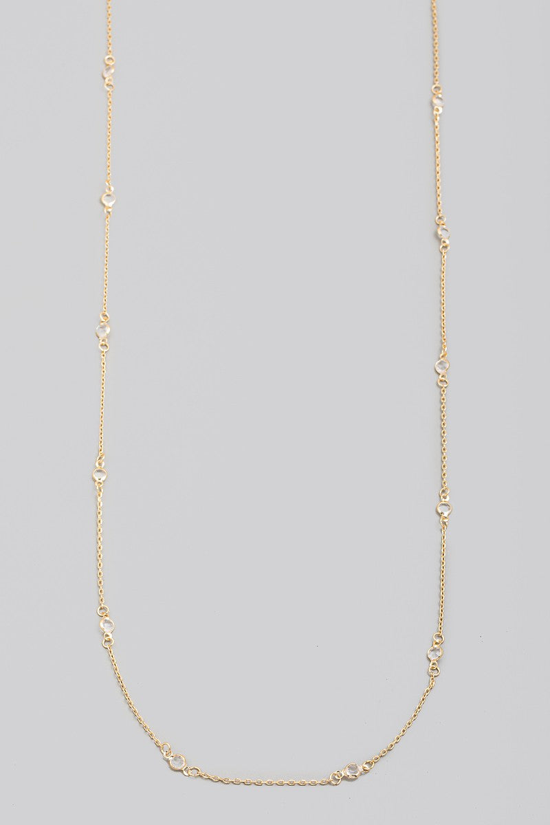 Long Rhinestone Stud Station Necklace - Gold