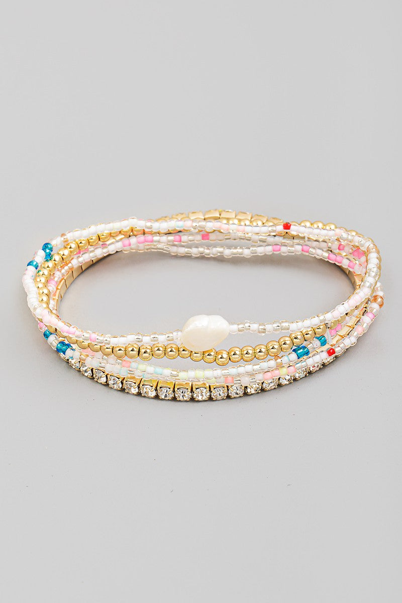 Pearl Charm Mixed Beaded Layered Bracelet Set - Multi