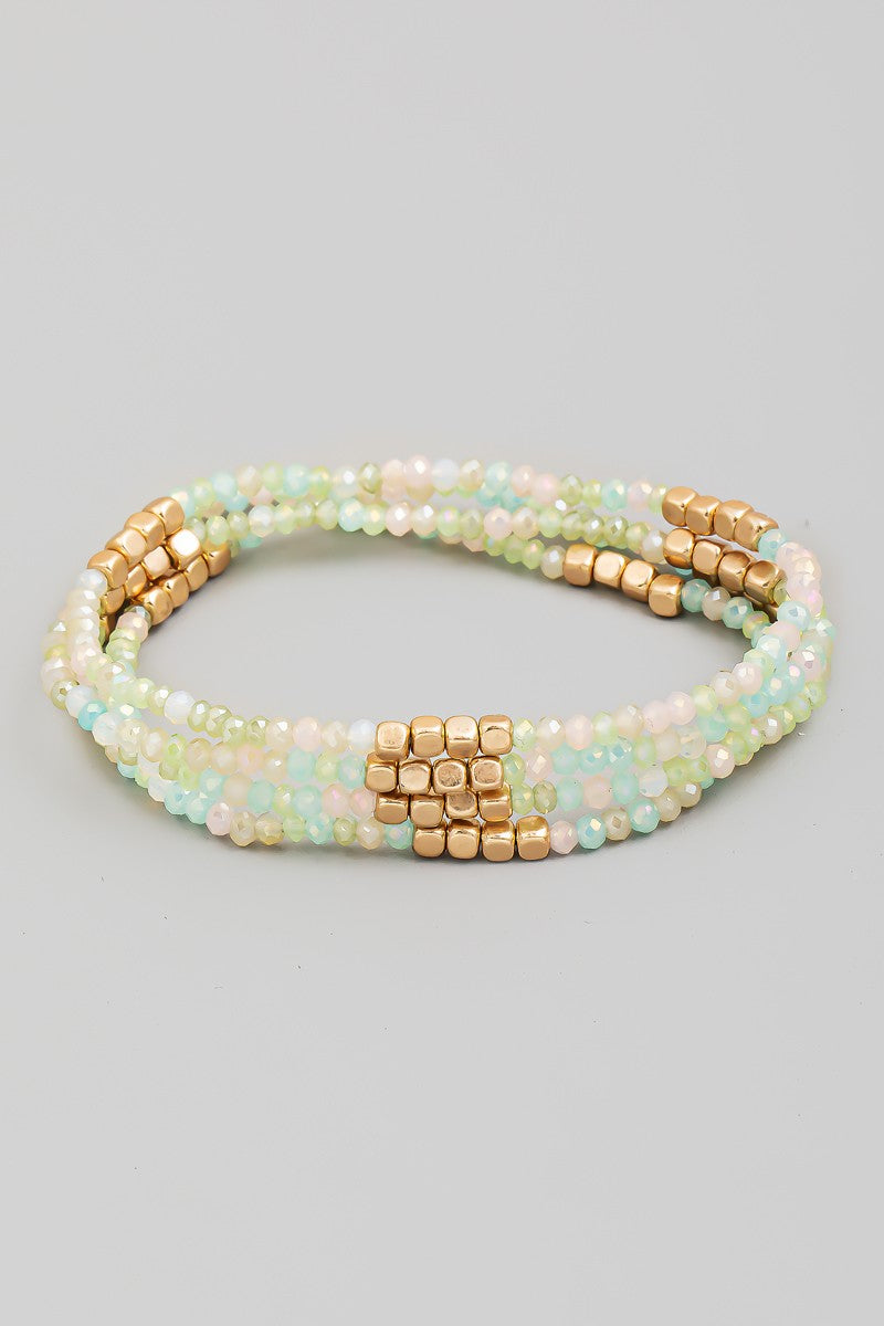 Beaded Glass and Gold Metallic Bracelet Set - Seaglass