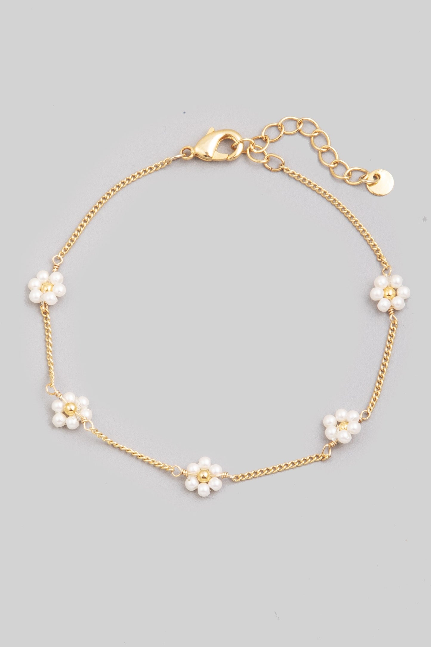 Dainty Pearl Bead Flower Clasp Bracelet - Gold