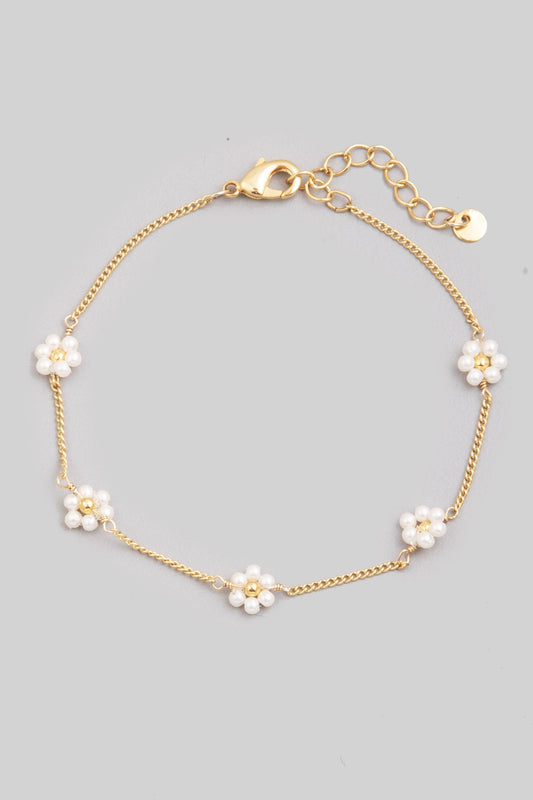 Dainty Pearl Bead Flower Clasp Bracelet - Gold