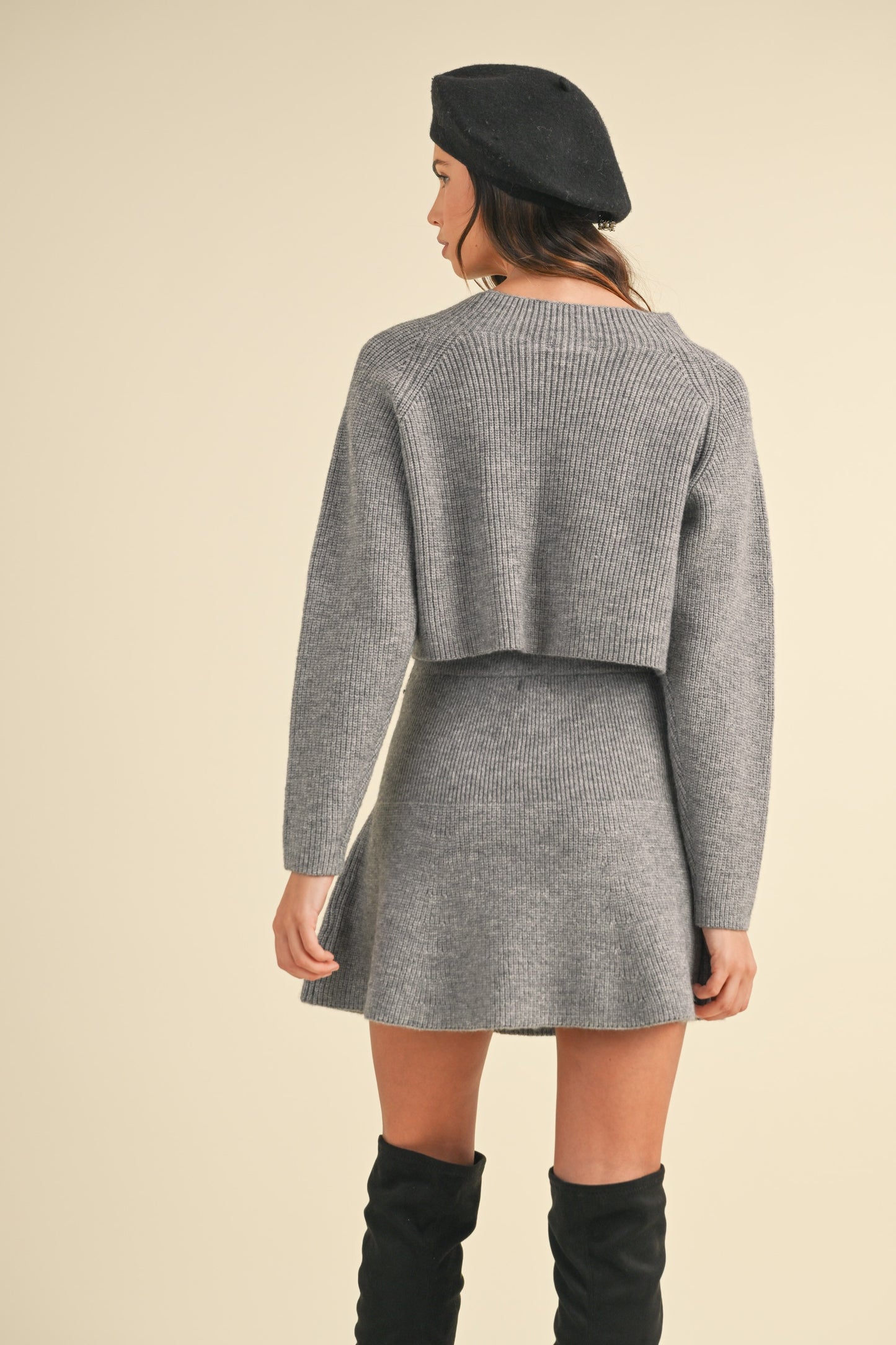 Baker Long Sleeve Cropped Sweater Flare Mini Skirt Set - Gray