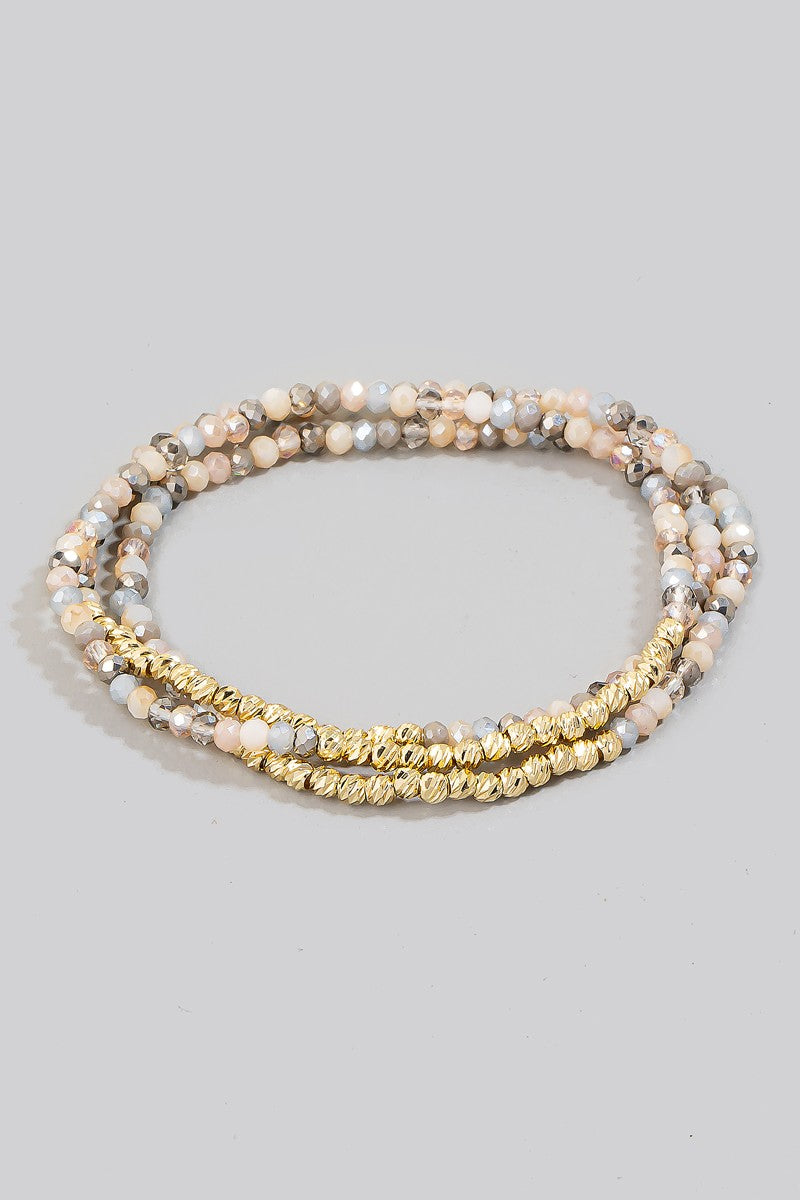 Beaded Glass and Gold Metallic Bracelet Set - Mauve Multi