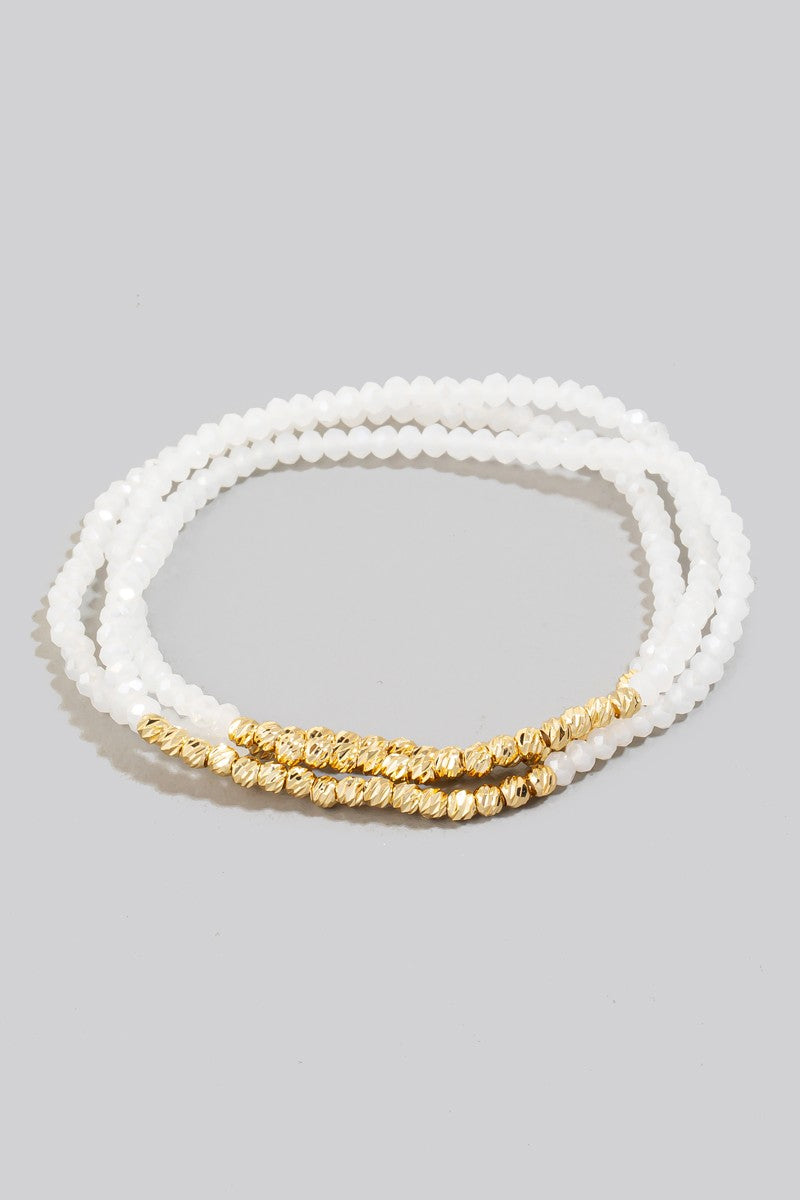 Beaded Glass and Gold Metallic Bracelet Set - White