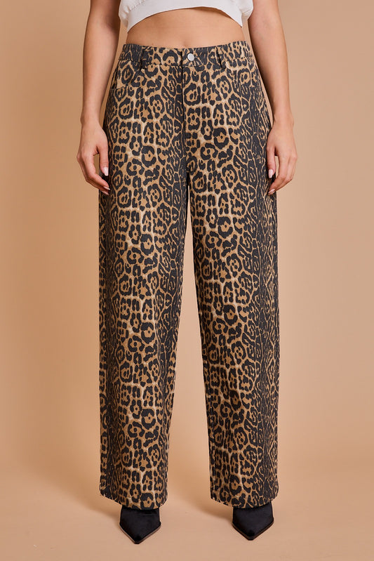 Leopard Washed Wide Leg High Waisted Pants - Tan Multi