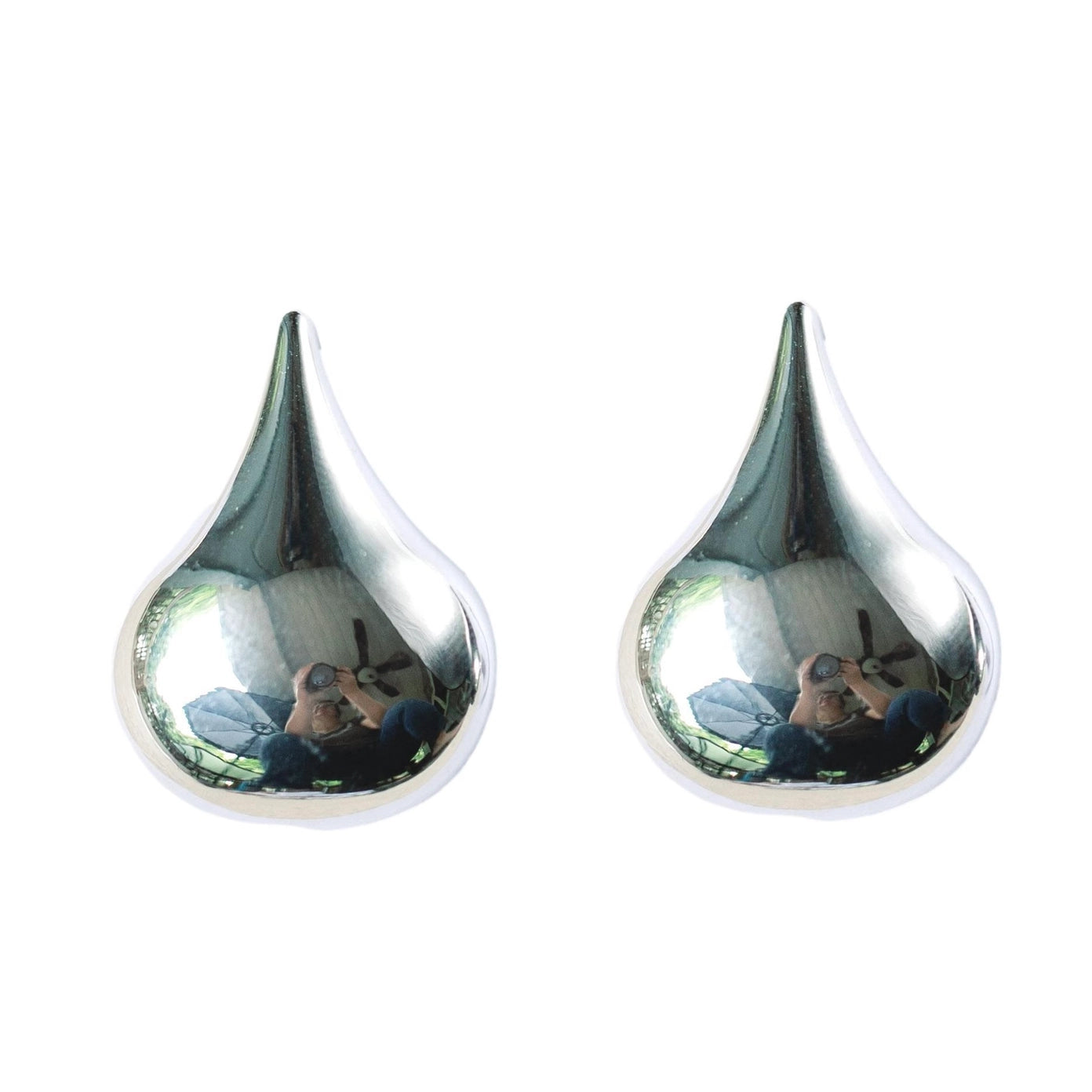 Teardrop Chunky Statement Stud Earrings - Silver