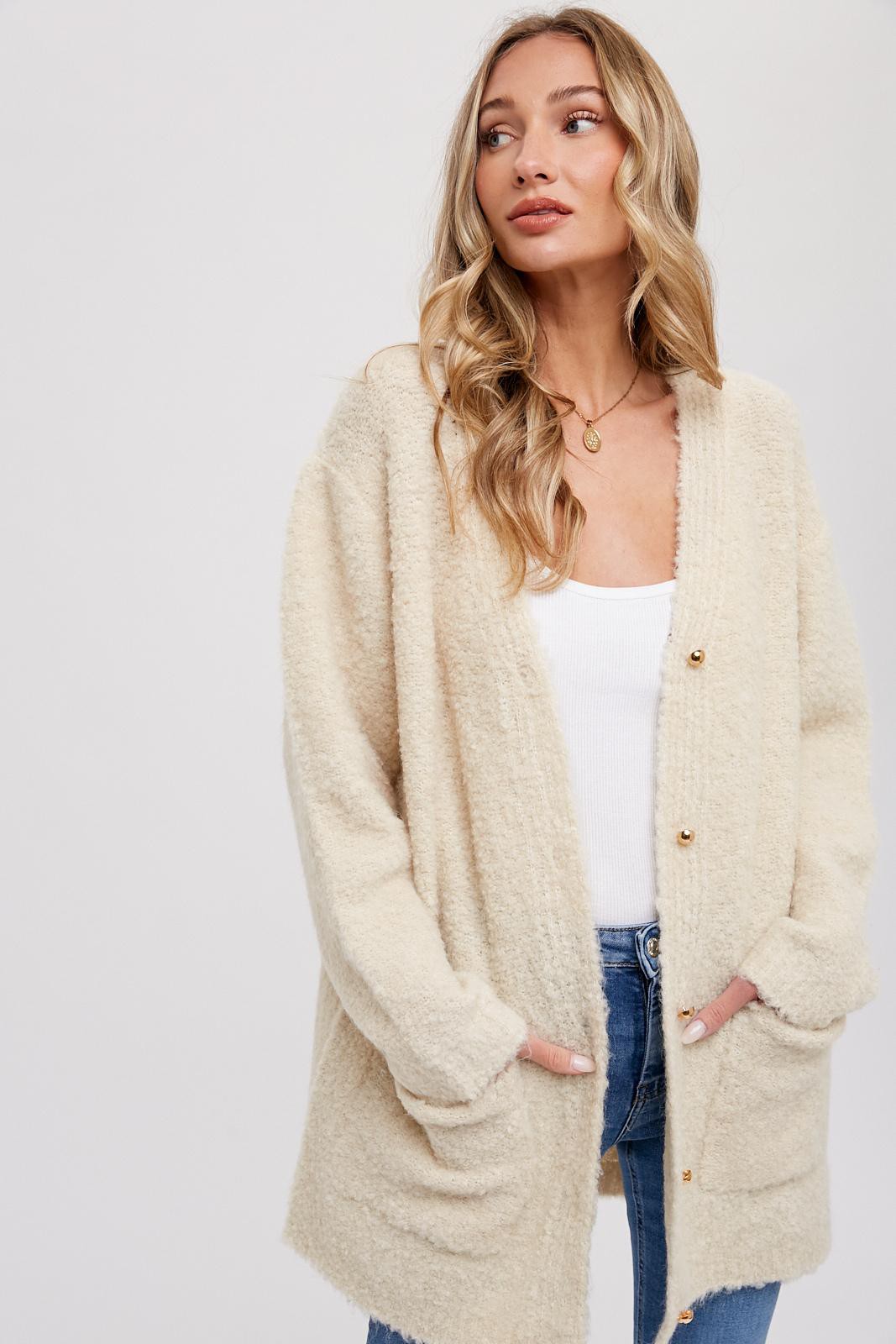 Holborn Long Sleeve Soft Fuzzy Drape Front Cardigan - Oatmeal