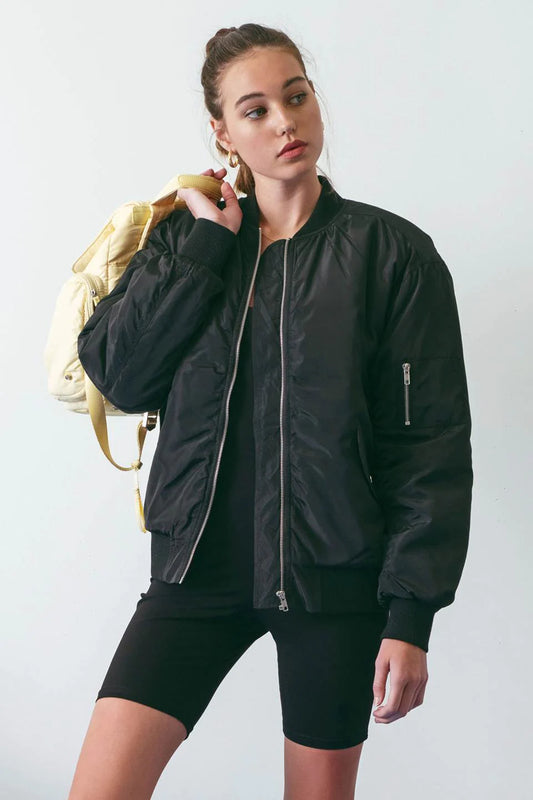 Ally Solid Ruched Bomber Jacket - Black