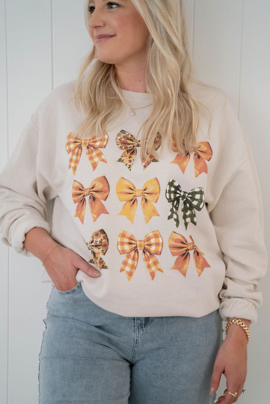 Fall Multi-Bows Oversized Long Sleeve Crewneck Sweatshirt - Oatmeal Multi