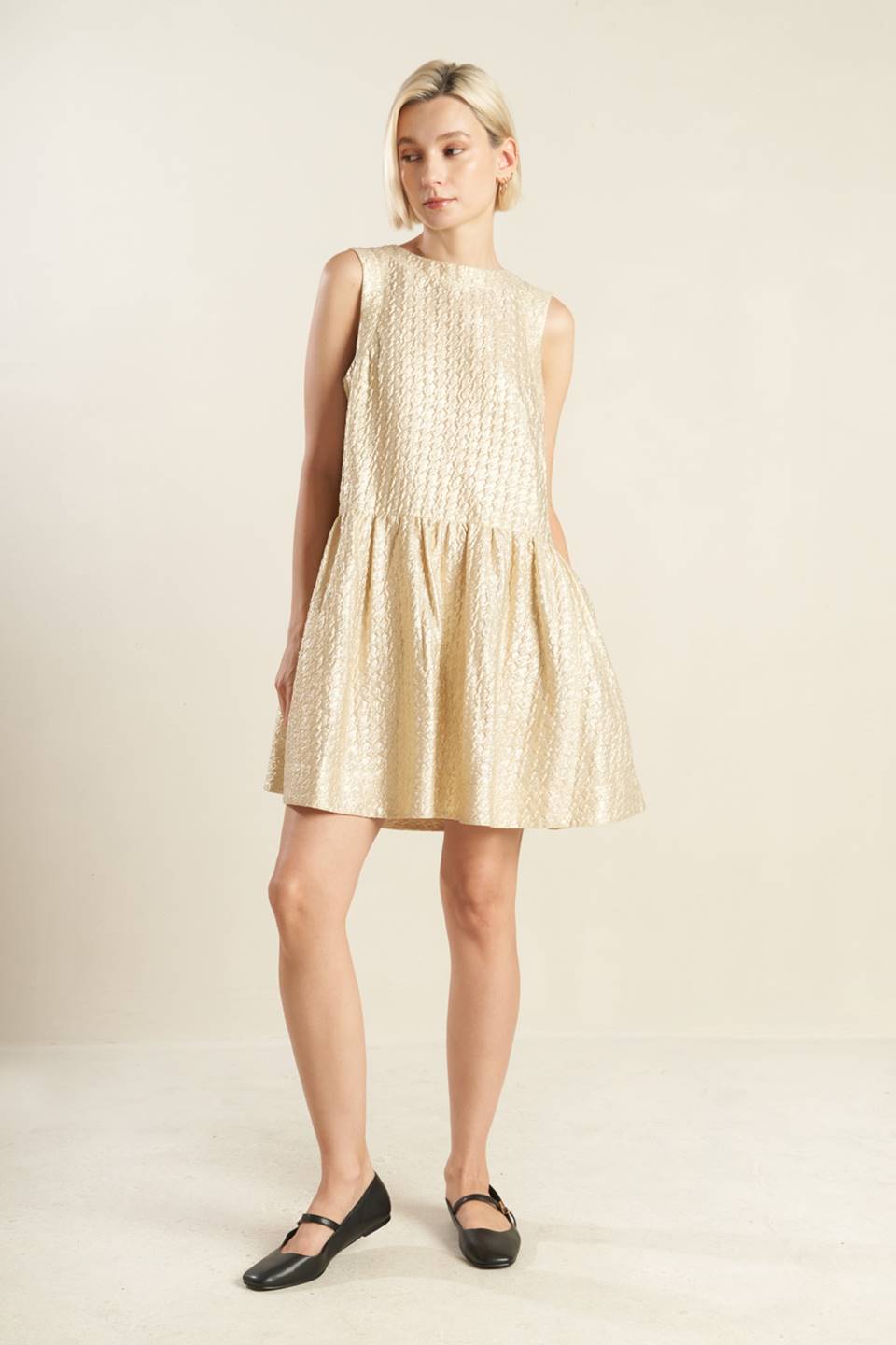 Hepburn Shimmer Textured Drop Waist Bow Tie Back Mini Dress - Champagne