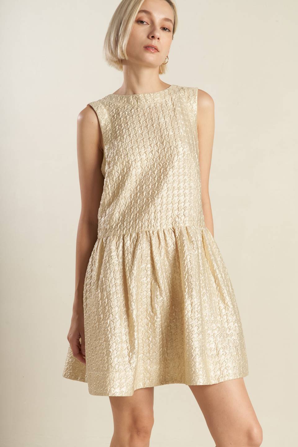 Hepburn Shimmer Textured Drop Waist Bow Tie Back Mini Dress - Champagne