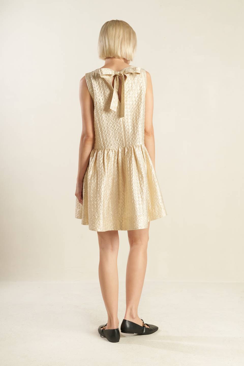 Hepburn Shimmer Textured Drop Waist Bow Tie Back Mini Dress - Champagne