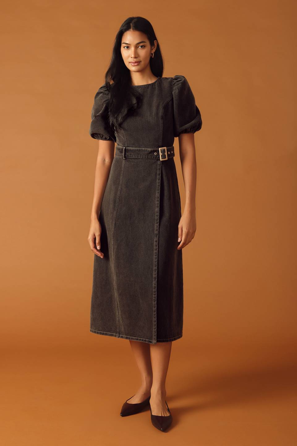 McKenzi Washed Denim Belted Wrap Midi Dress -  Black