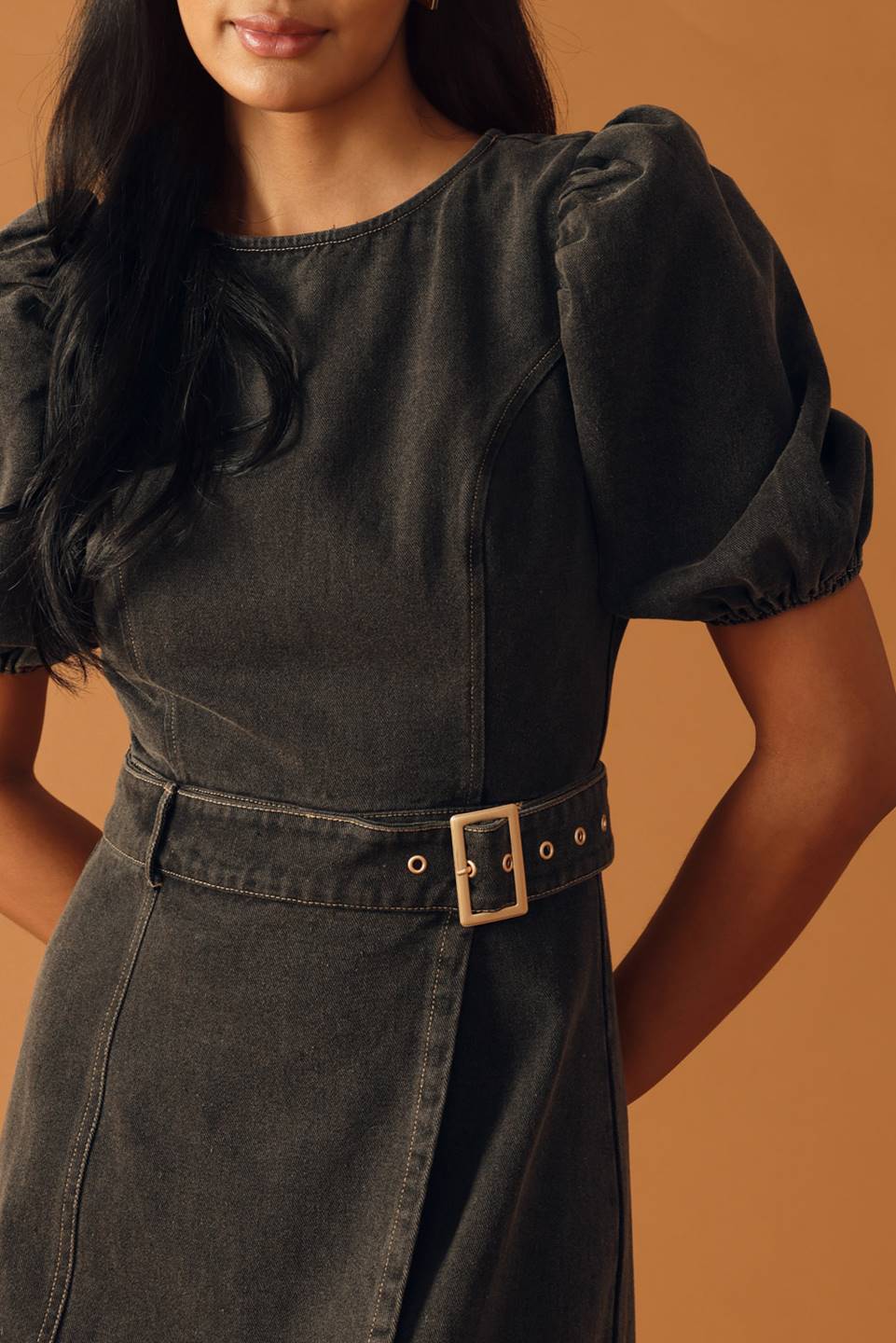 McKenzi Washed Denim Belted Wrap Midi Dress -  Black