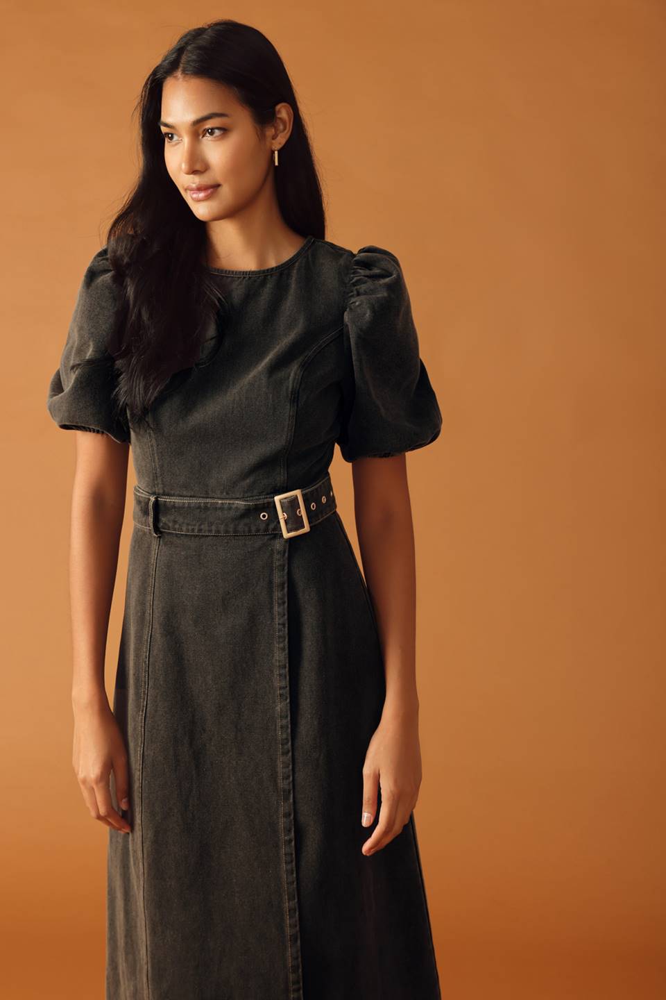 McKenzi Washed Denim Belted Wrap Midi Dress -  Black