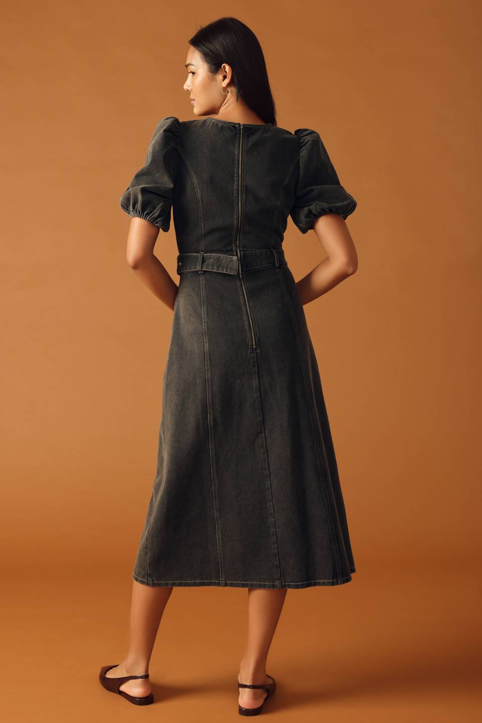 McKenzi Washed Denim Belted Wrap Midi Dress -  Black