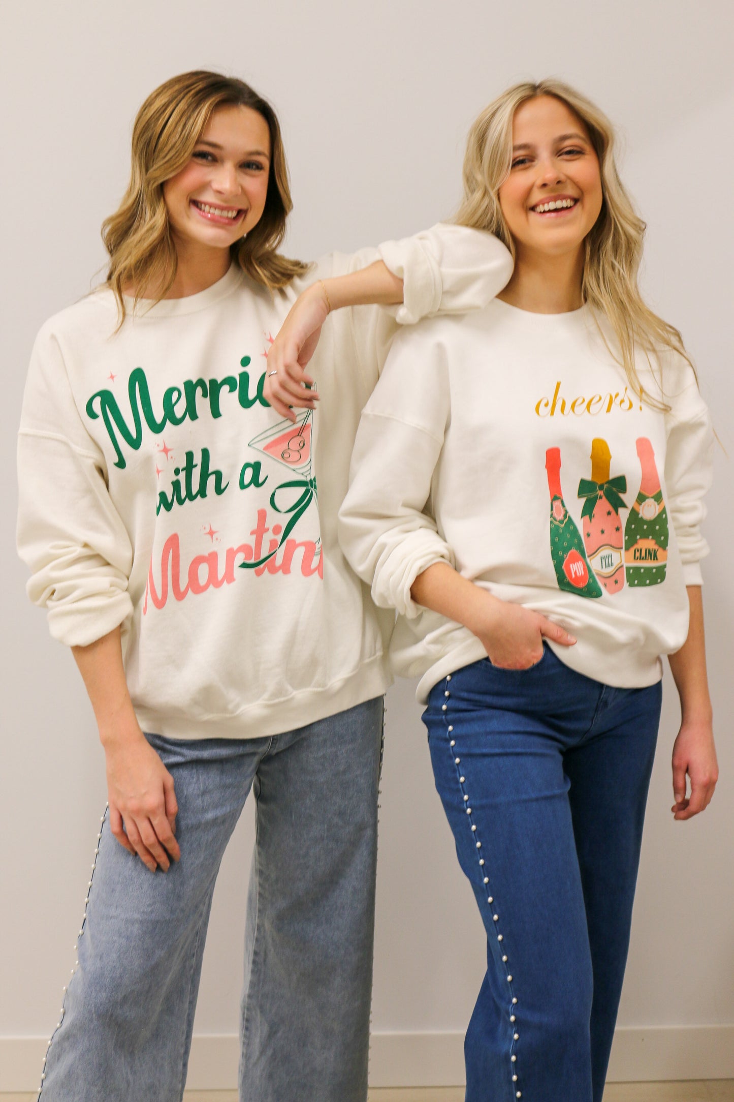 Merrier With A Martini Oversized Long Sleeve Graphic Crewneck Sweatshirt - White