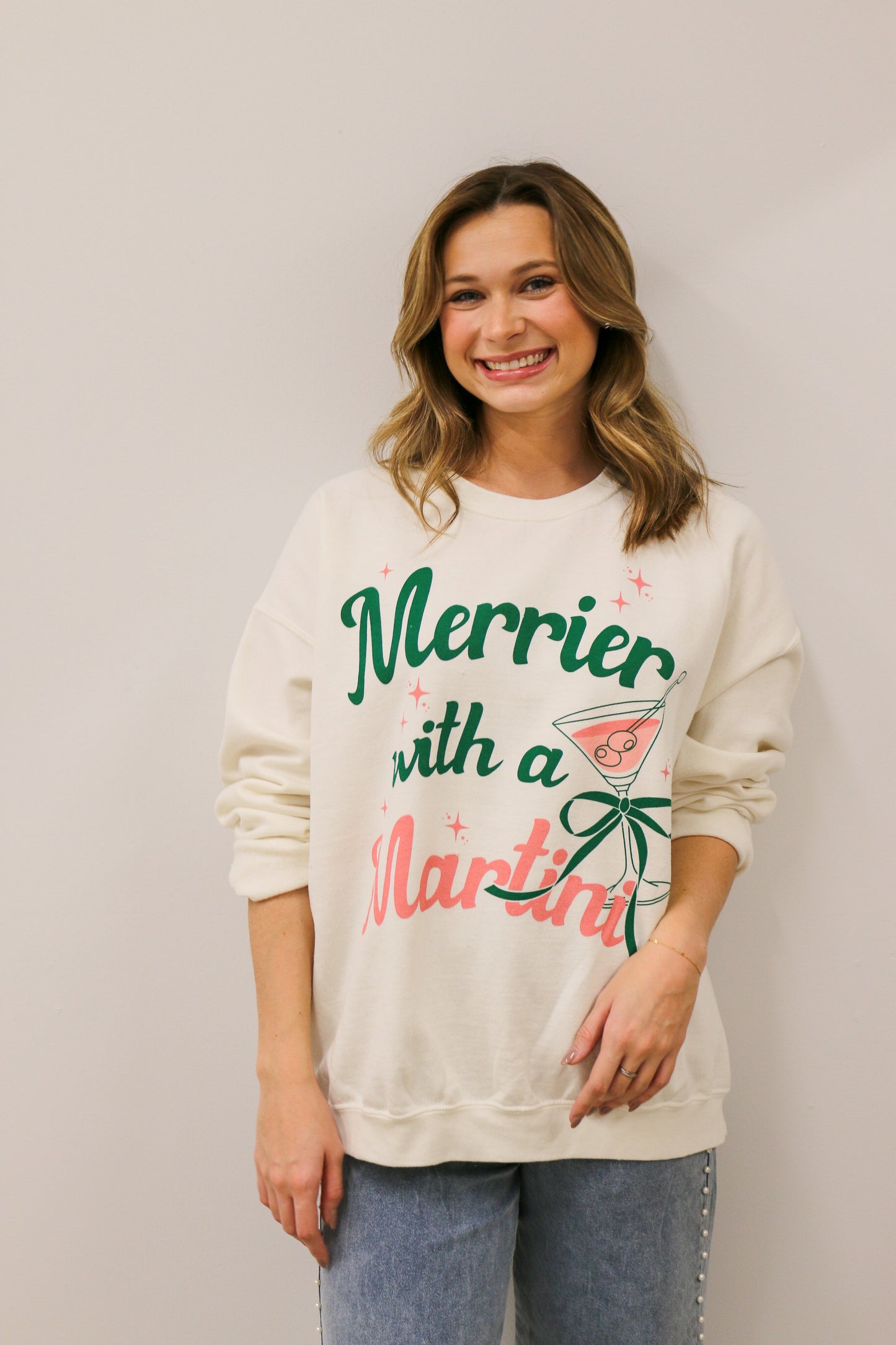 Merrier With A Martini Oversized Long Sleeve Graphic Crewneck Sweatshirt - White