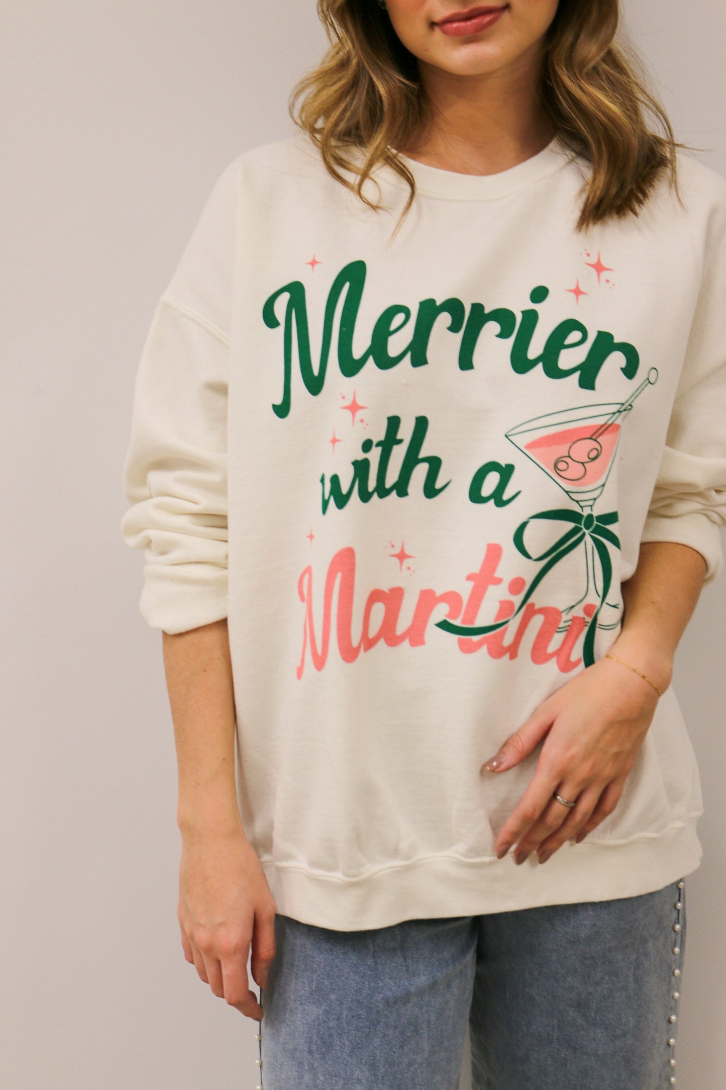 Merrier With A Martini Oversized Long Sleeve Graphic Crewneck Sweatshirt - White