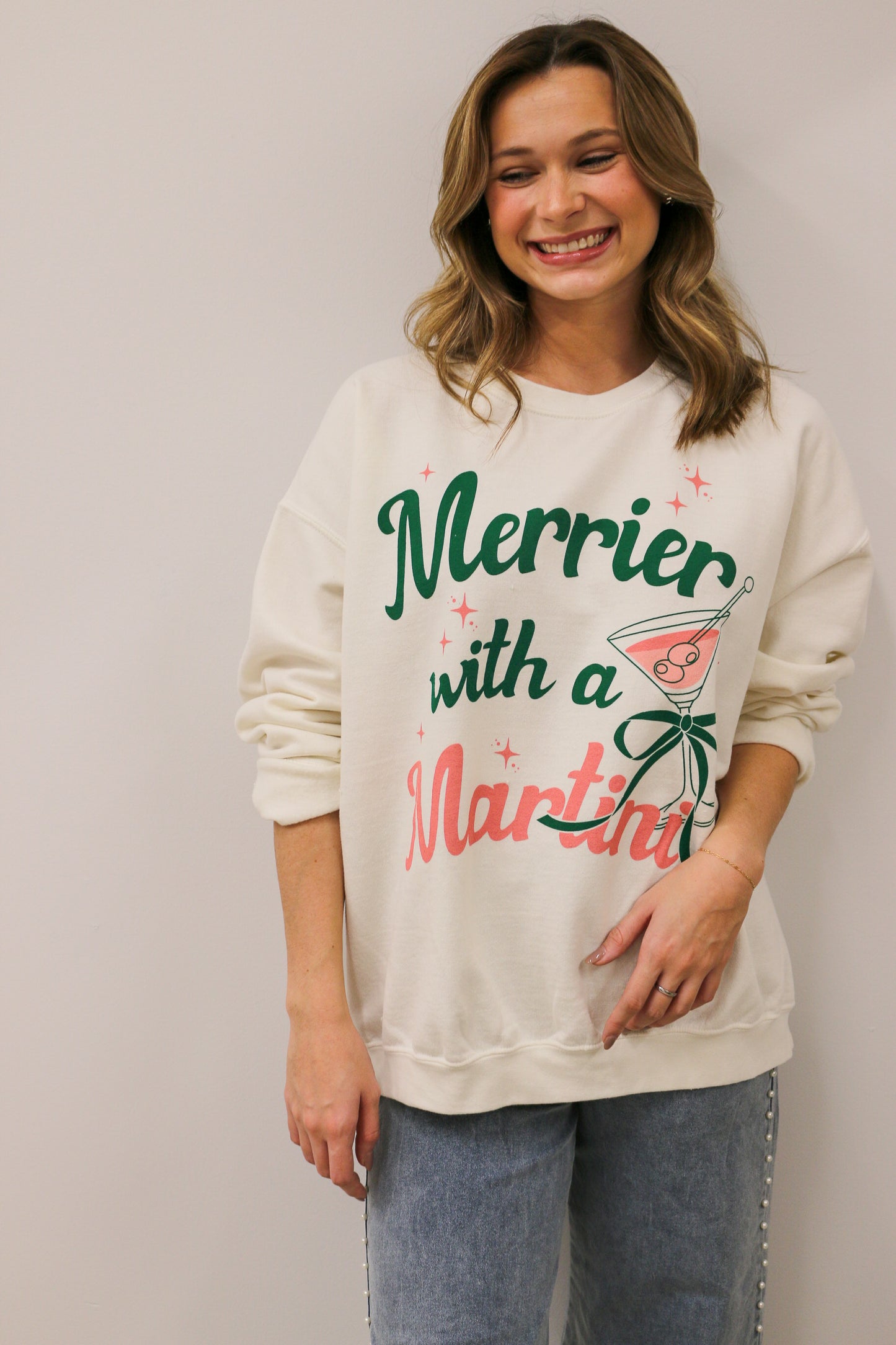 Merrier With A Martini Oversized Long Sleeve Graphic Crewneck Sweatshirt - White