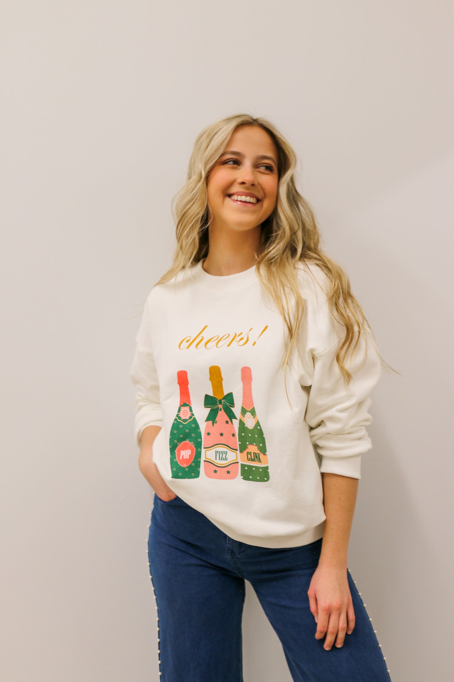 Cheers Pop Fizz Clink Champagne Bottles Graphic Crewneck Sweatshirt - White Multi