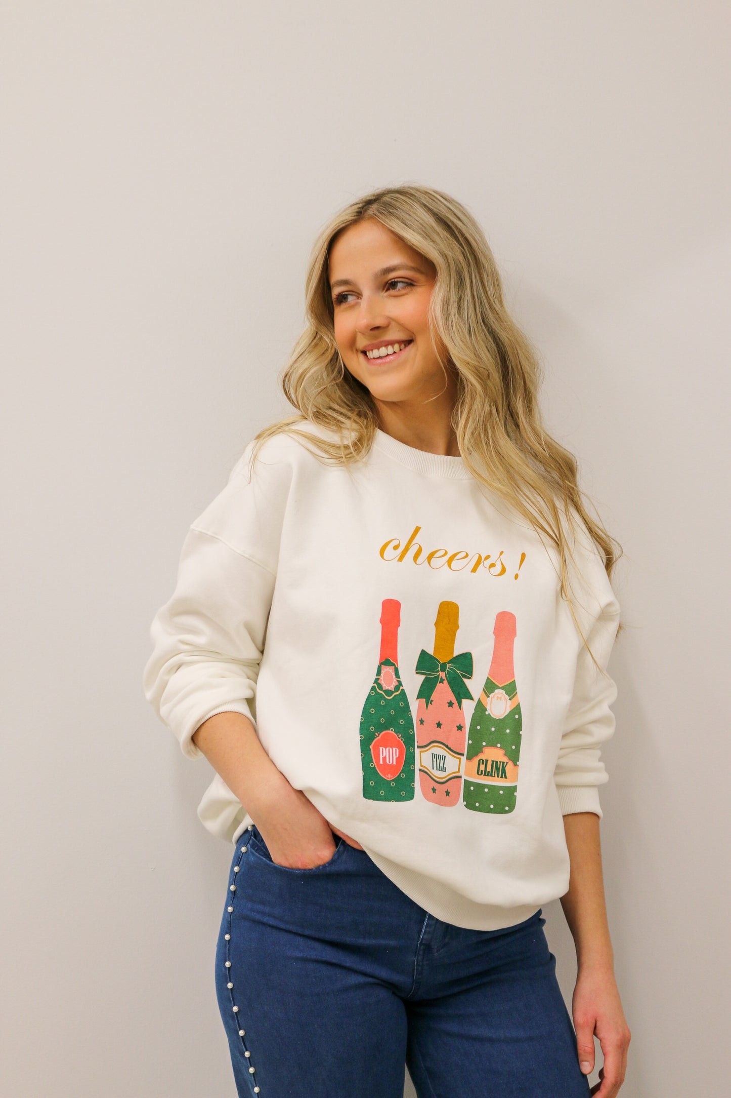 Cheers Pop Fizz Clink Champagne Bottles Graphic Crewneck Sweatshirt - White Multi