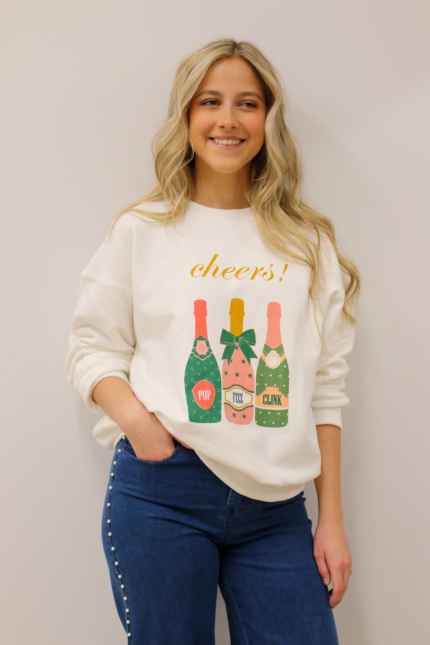 Cheers Pop Fizz Clink Champagne Bottles Graphic Crewneck Sweatshirt - White Multi