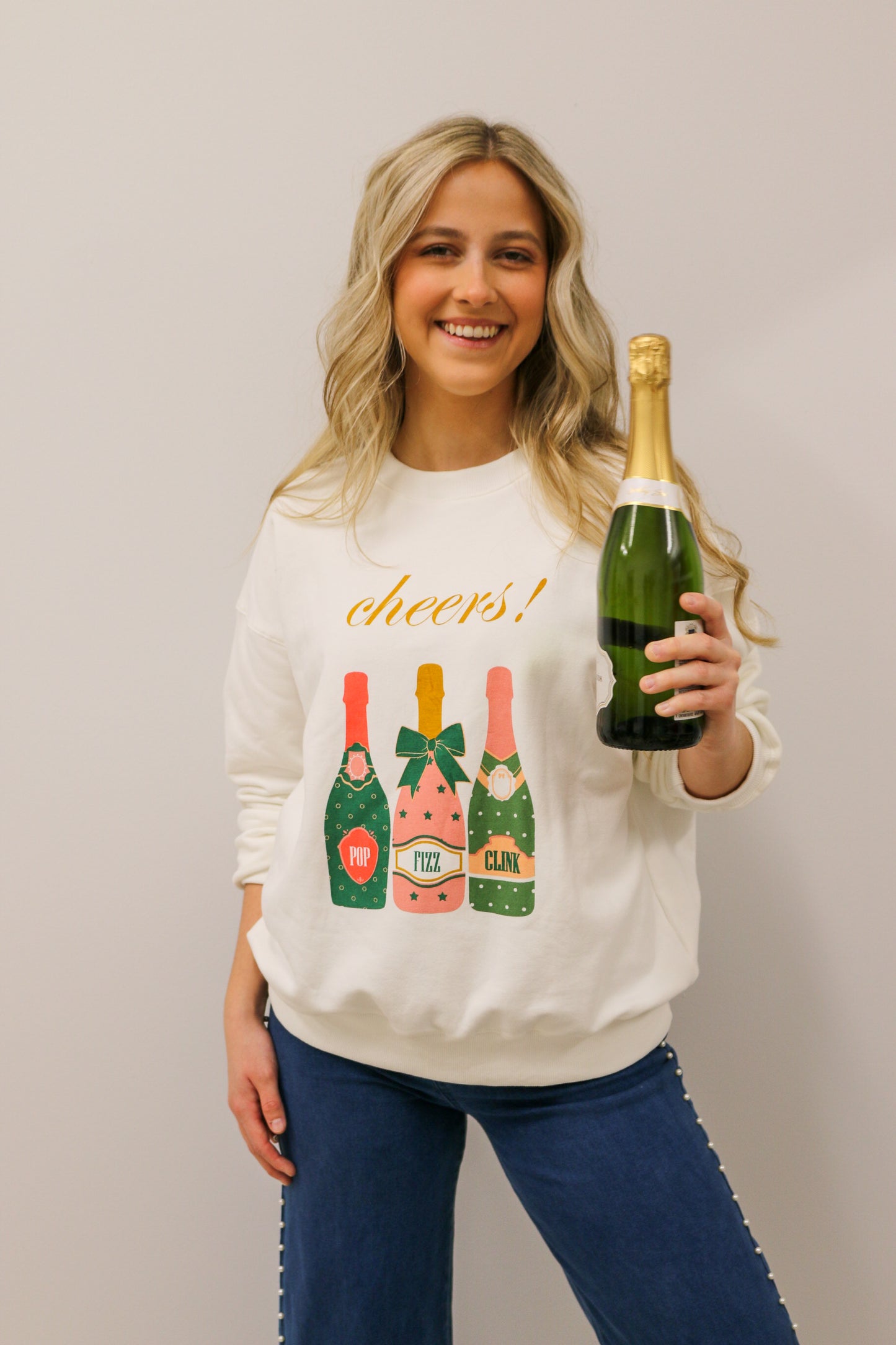 Cheers Pop Fizz Clink Champagne Bottles Graphic Crewneck Sweatshirt - White Multi