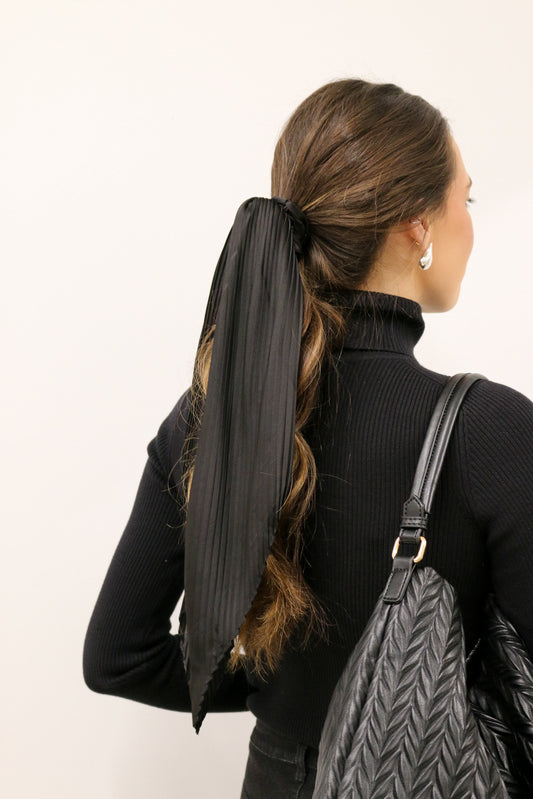 Pleated Scarf Hair Scrunchie - Black