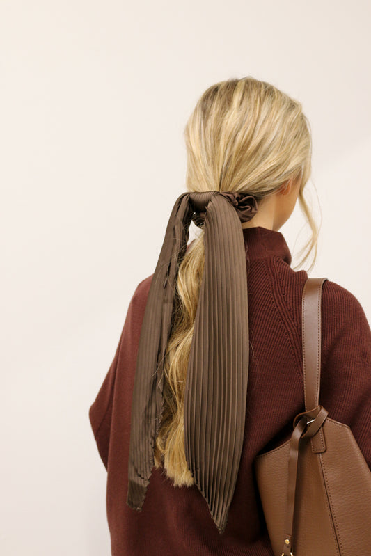 Pleated Scarf Hair Scrunchie - Brown