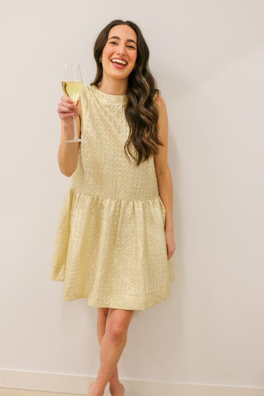 Hepburn Shimmer Textured Drop Waist Bow Tie Back Mini Dress - Champagne