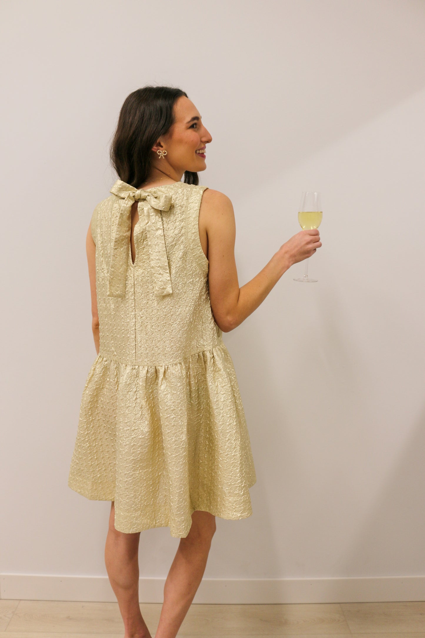 Hepburn Shimmer Textured Drop Waist Bow Tie Back Mini Dress - Champagne