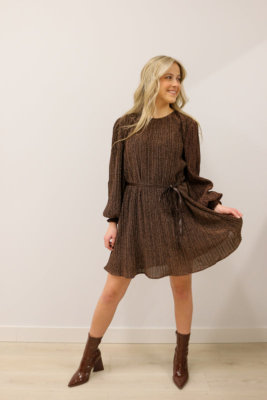 Payton Long Sleeve Metallic Shimmer Belted Mini Dress - Mocha