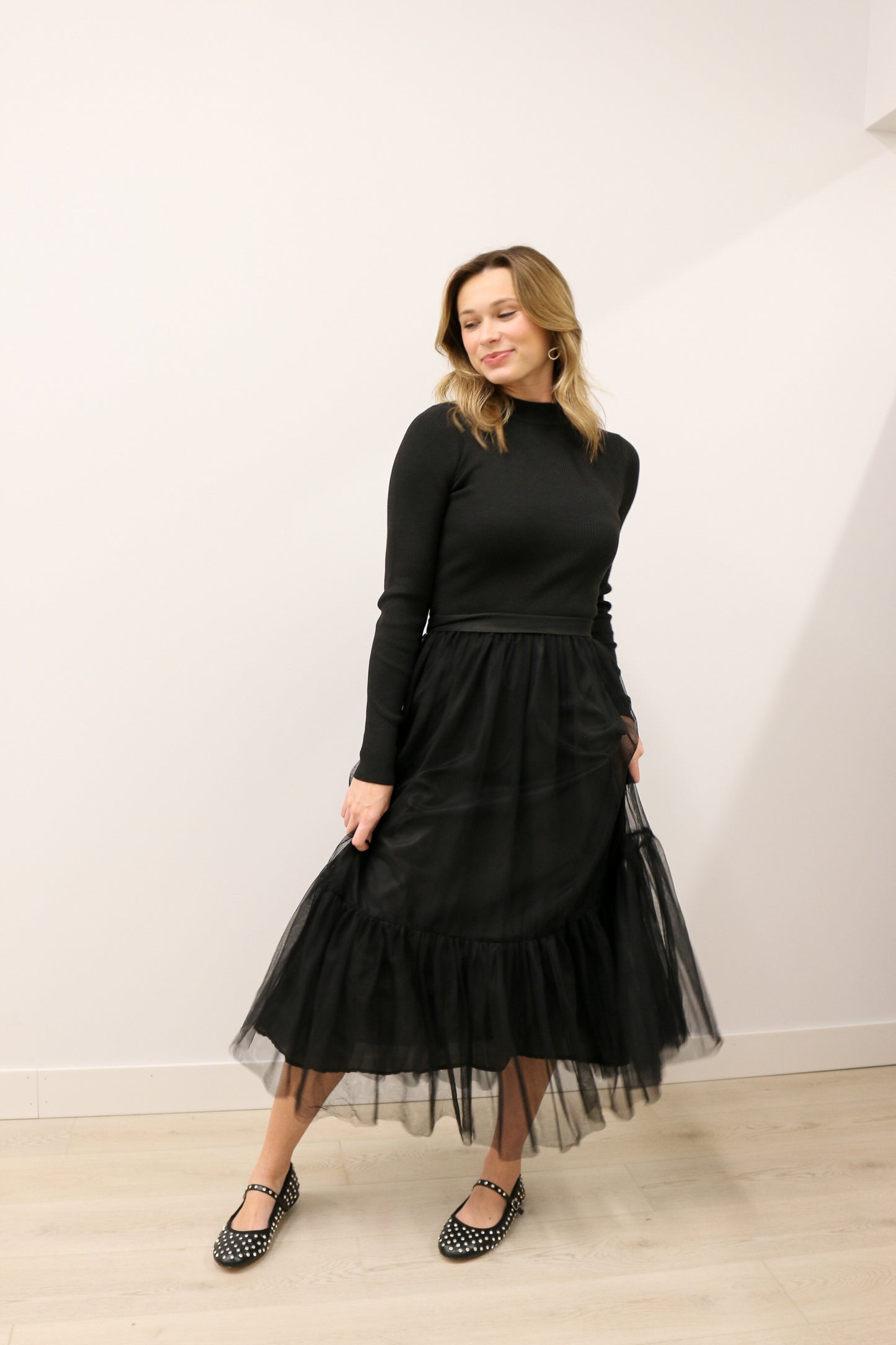 Lotti Long Sleeve Tulle Mixed Media Midi Dress - Black