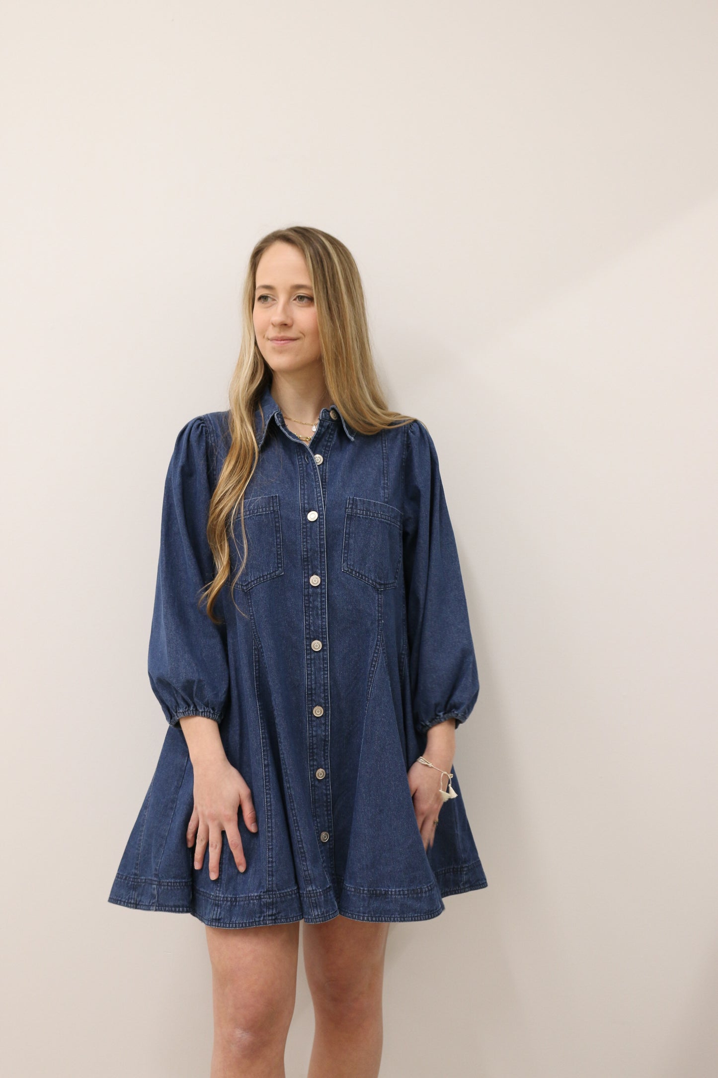 Jemma Long Sleeve Button Front Denim Mini Dress - Dark Denim